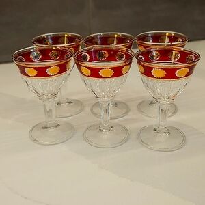 Vintage Cordials  Glasses Red & Gold Bands Sunburst on Bowl Panel…